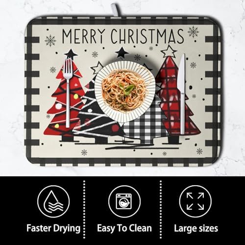 Merry Christmas Dish Drying Mats for Kitchen Counter 16x18 Buffalo Plaid Christmas Tree Microfiber Absorbent Drying Mat Seasonal Winter Holiday Drying Pad Dish Drainer Mat for Coffee Bar Sinks - Image 4