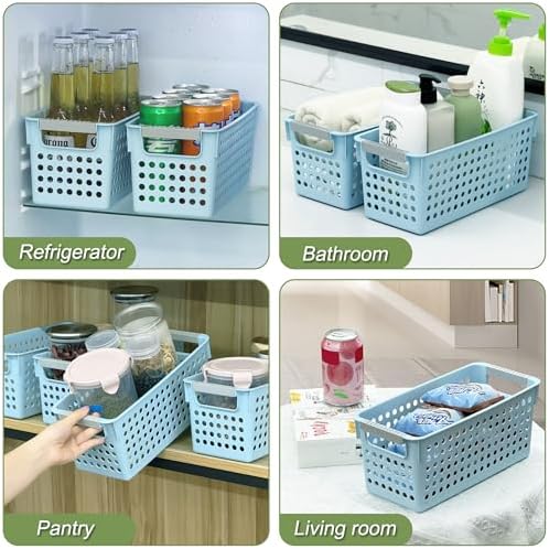 Soddeph 4 Pack Slim Plastic Storage Basket with Handles, Rectangular Storage Bins for Shelves,Narrow Organizer box for Organizing, Kitchen,Home,Office (Blue, Small) - Image 6