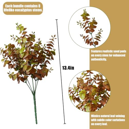 alyptus Artificial Fall Leaves Plant – 8PCS Outdoor Fake Greenery Boxwood Shrubs UV Resistant Fake Plants for Porch, Patio, Thanksgiving or Autumn Home Decor - Fall Leaves - Image 2