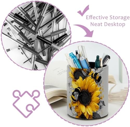 Faux Leather Pen Holder for Desk, Pencil Organizer Bee and Sunflowers Pen Cup Desk Decor Makeup Brush Holder Storage for Office Home - Image 4