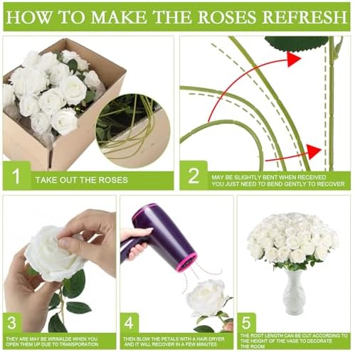 Hananona 50 Pcs Artificial Roses, Realistic Silk Flowers Bulk, White - Image 3