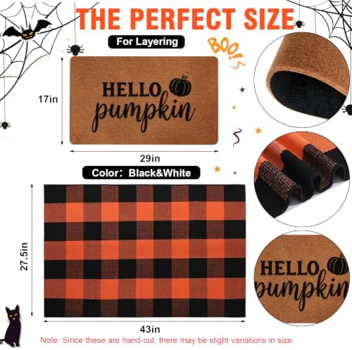 2 Pack Halloween Door Mat Set, Pumpkin Coir Mat & Orange Black Plaid Mat - Image 2