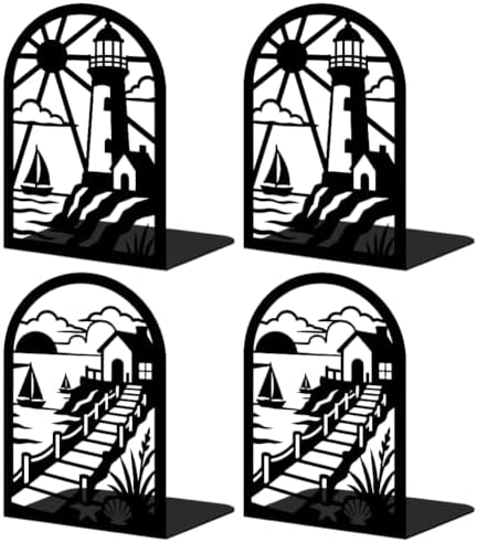 2 Pairs Seaside Landscape Black Metal Bookends for Shelves by BEUNITONE