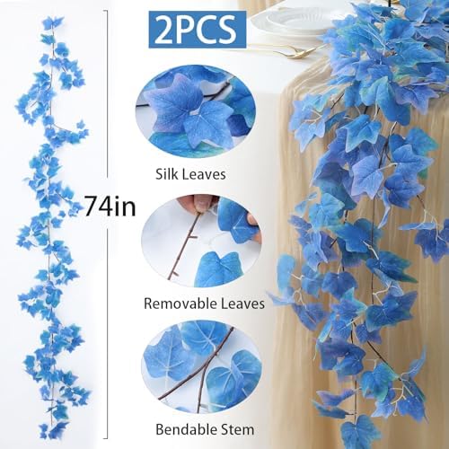 Mizii 2 Strands Artificial Vines Blue Ivy Garland 74" Fake Vine with Silk Leaves Faux Hanging Plants Greenery Decoration for Outdoors Wedding Party Indoor Bedroom Home Wall Room Decor (Blue) - Image 2