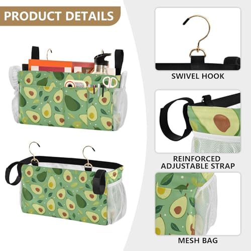 Bedside Caddy Hanging Bunk Bed Caddy Bed Organizer Hanging Pocket with 2 Hooks Bedside Storage Organizer Pocket Bag Holder Green Avocado and Leaf - Image 5