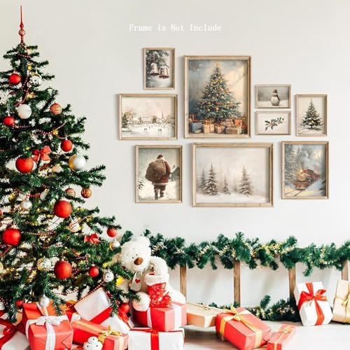 Vodefoad 9Pcs Christmas Print Set Winter Holiday Gallery Wall Prints Santa Claus Painting Farmhouse Christmas Gallery Wall Set Vintage Winter Prints Christmas Decor for Bedroom Bathroom Living Room Office Holiday Decoration Gifts Unframe - Image 2
