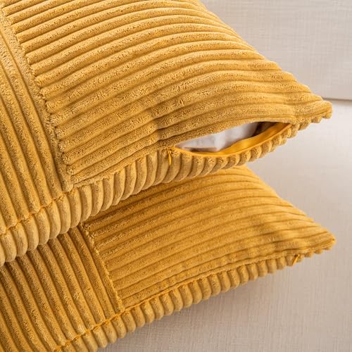 Fancy Homi 2 Packs Gold Yellow Lumbar Decorative Throw Pillow Covers 12x24 Inch for Couch Bed Sofa, Rustic Farmhouse Boho Spring Home Decor, Soft Striped Corduroy Rectangle Accent Cushion Case 30x60cm - Image 4