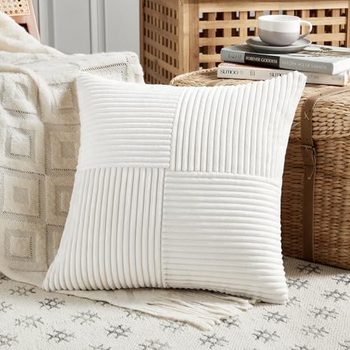 Fancy Homi 2 Packs Cream White Euro Decorative Throw Pillow Covers 28x28 Inch for Couch Bed Sofa, Farmhouse Boho Home Decor, Soft Corss Corduroy Patchwork Textured Square Cushion Case 71x71 cm - Image 2