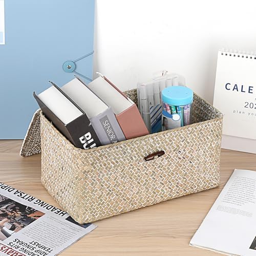 Sumnacon Wicker Basket with Lid,Tampon Holder for Bathroom,Whitewash,Medium - Image 6