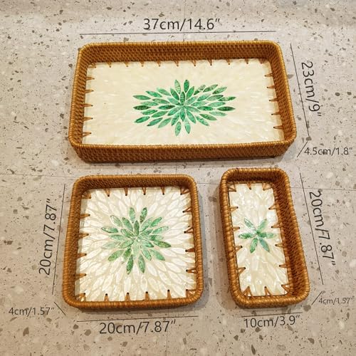 i-lan Set of 3 15" Rectangular Rattan and Mother of Pearl Serving Tray, Green Leaf Pattern Decorative,Boho Rectangule Natural Rattan Woven Trays for Entryway Kitchen Bathroom Counter - Image 3