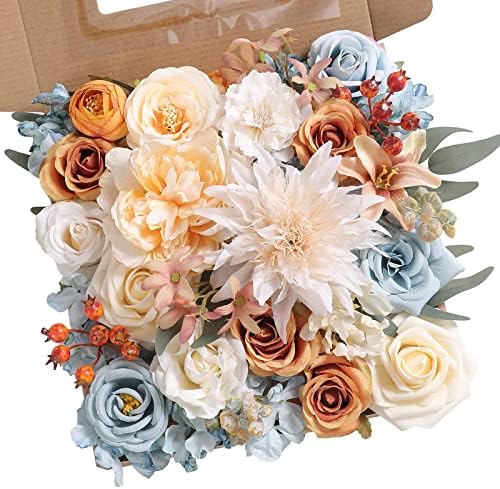 rongflower Artificial Flowers Combo Fake Silk Flowers Fall Bouquets for DIY Wedding Bouquets Centerpieces Party Baby Shower Home Decorations (Blue White) by rongflower
