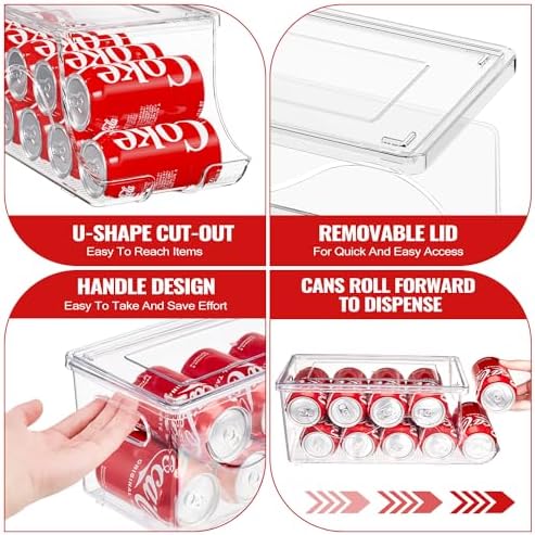 SCAVATA 4 Pack Stackable Refrigerator Organizer, Soda Can Dispenser Pop Cans Container Beverage Holder with Lid for Fridge, Freezer, Kitchen, Clear Plastic Storage Bins-Holds 10 Cans Each - Image 3