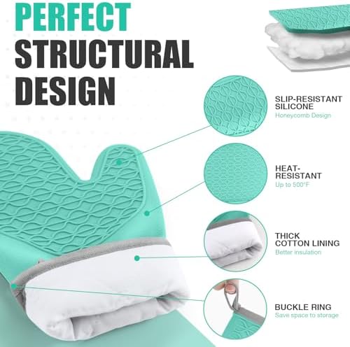 Silicone Oven Mitts, Heat Resistant 2PCS Oven Mitts with Soft Cotton Lining, Waterproof Non-Slip Grip Oven Glove, Kitchen Potholder Mits for BBQ, Baking, Cooking, 12.5 Inch - Green - Image 3