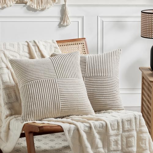 Fancy Homi 2 Packs Neutral Taupe Decorative Throw Pillow Covers 16x16 Inch for Living Room Couch Bed, Rustic Farmhouse Boho Home Decor, Soft Corss Patchwork Corduroy Textured Square Cushion Case 40cm by Fancy+Homi