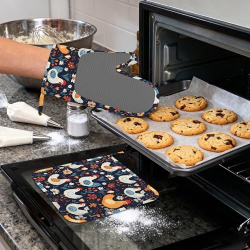 Cute Roosters Hens Chicks Heat-Resistant Silicone Oven Mitts and Pot Holders,Flower Field Long Oven Gloves with Non-Slip Grip for Cooking, Baking, Grilling,BBQ - Image 4