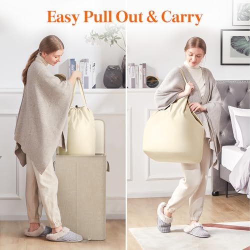 Lifewit Single Laundry Hamper with Lid, Removable Laundry Bags, Beige - Image 5