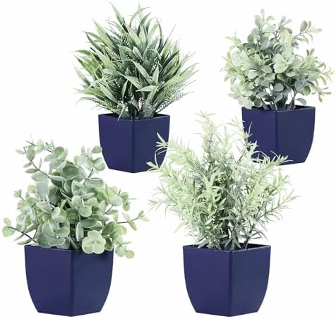 4pcs Fake Small Plants, Artificial Greenery Potted Plant for Home Office Decor, Small Faux Gray Grass Eucalyptus for Bathroom Plants Decoration, Mini Blue Plant Potted Table Shelf Decoration by TngsChryxia