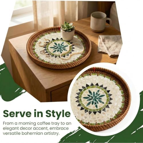 Boho Handwoven Rattan Tray with Mother of Pearl Inlay, 35 and 30cm Round Decorative Trays, Wooden Base Serving Tray Coffee Table & Wall Hanging Decor (2 Suites, Pattern:GreenSun) - Image 5
