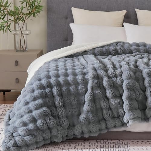 50"x60" Ultra-Soft Fuzzy Faux Fur Throw Blanket, Grey - Image 3
