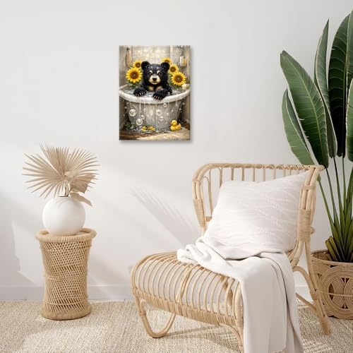 Sunflower Bear Bathroom Decor Pictures Wall Art, Funny Bear Bathroom Wall Decor, Animal Framed Painting Canvas Artwork for Bathroom Bedroom Living Room Decorations 20" L x 16" W - Image 6