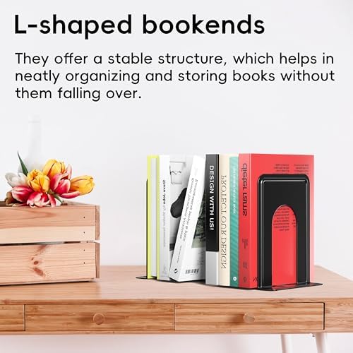 Optomni Bookends, Book End Supports Heavy Duty Metal Bookend Support, Book Ends Supports for Shelves Decor Home Office School (2 Pairs/4 Pieces, Black) - Image 6