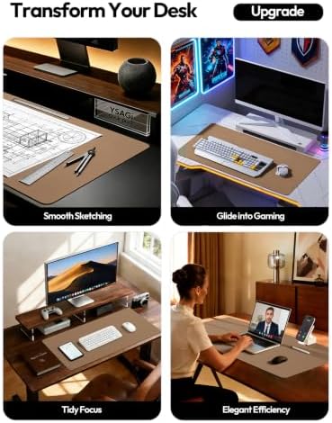 YSAGi Leather Desk Protector, Office Mat, Large Mouse Pad, Non-Slip PU Leather Blotter, Laptop Desk, Waterproof Writing Pad for Office and Home (Khaki, 35.4" x 17") - Image 2