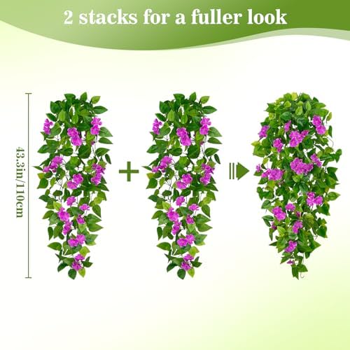 BLEUM CADE Artificial Hanging Flowers for Outdoors, 4pcs Fake Hanging Plants Pothos Vines with Purple Flowers for Wall Home Living Room Indoor Outdoor Decor (No Baskets) - Image 2