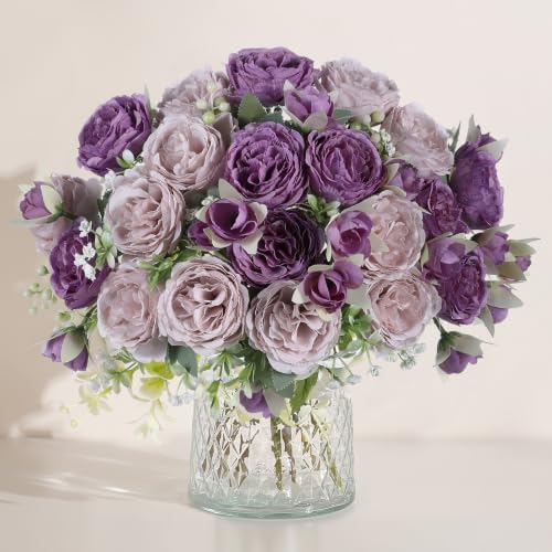 Luyue 4 Packs Purple Peonies Artificial Flowers Faux Peony Bouquet Purple Fake Flowers for Vase Silk Floral Arrangements for Table Centerpiece Wedding Decoration Indoor Autumn Home Decor by Luyue