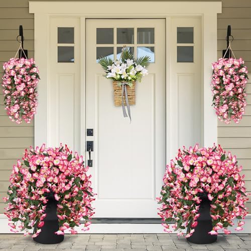 Sggvecsy Artificial Fake Hanging Flowers Plants for Outdoor Outside Spring Summer Decoration 2PCS Faux Silk UV Resistant Realistic Morning Glory Trailing Vines for Home Porch Patio Balcony(Pink) - Image 3