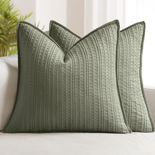Decorative Waffle Euro Sham Pillow Covers 26x26 Olive Green 2 Pack by Woaboy