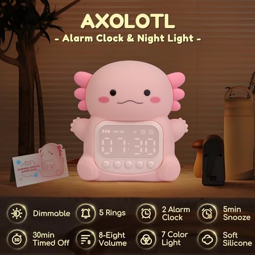 Yiliaw Axolotl Alarm Clock with Night Light for Kids, Bedroom Clocks, Pink - Image 2
