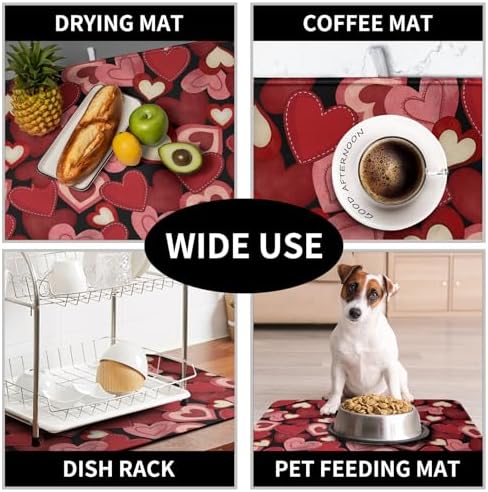 Valentine Dish Drying Mat for Kitchen Counter Red Black Love Heart Drying Pad Microfiber Absorbent Coffee Bar Mat Heat Resistant Countertop Protector Dishes Drainer Mat 18x24 Inch - Image 7