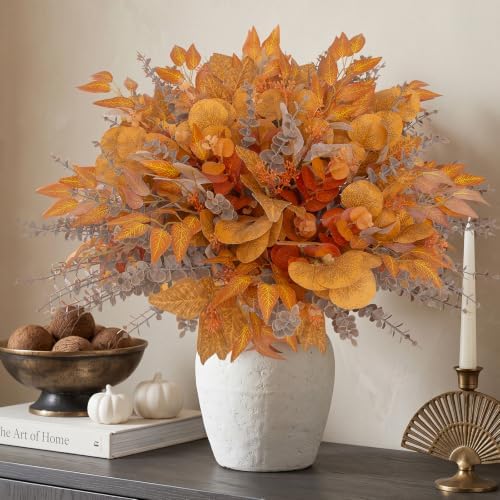lovemoon 260 Pcs Fall Mixed Greenery Artificial Eucalyptus Stems, Orange - Image 5