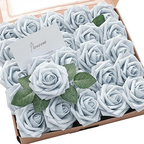 Floroom Artificial Flowers 25pcs Real Looking Powder Blue Foam Fake Roses with Stems for DIY Wedding Bouquets Bridal Shower Centerpieces Floral Arrangements Party Tables Home Decorations by Floroom