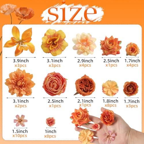 rongflower Fake Flower Heads for Crafts - Orange Silk Artificial Roses, Peonies, Daisies & Mini Floral Heads Bulk (48-Pack) for Wedding Decor, Graduation Cap, Cake Topper, Baby Shower, Home Decoration - Image 2