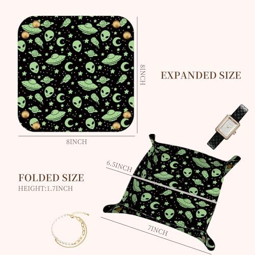 PU Leather Jewelry Valet Tray, Portable Catchall Tray for Keys, Wallet, Watch, Travel Organizer for Nightstand Desk Entryway Home Decor Gift for Women Men Green Aliens - Image 5