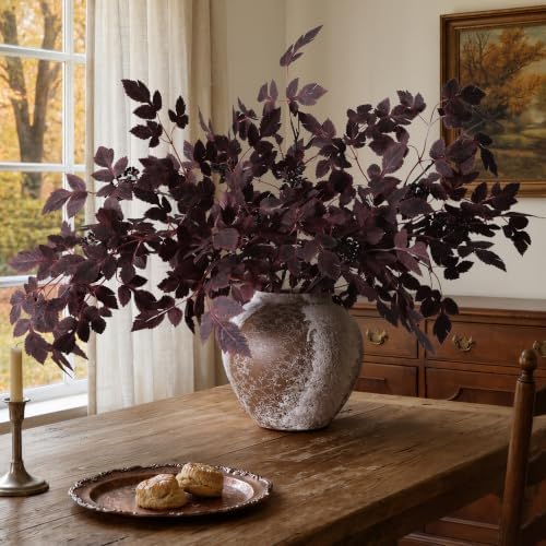 HyeFlora Artificial Cimicifuga Plant Leaf Spray Stems 4PCS Fake Greenery Branches 28.7 in Faux Leaves Real Touch Silk Plants DIY Stem for Vase Festival Home Kitchen Garden Farmhouse Decor (Burgundy) by HyeFloraartificialflowers