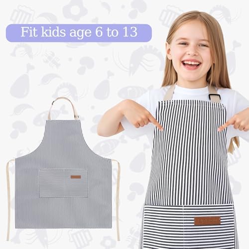 2 Pack Stripes Kids Apron, Kids Cooking Aprons with 2 Pockets, Cute Aprons for Cooking for Boys and Girls - Image 4