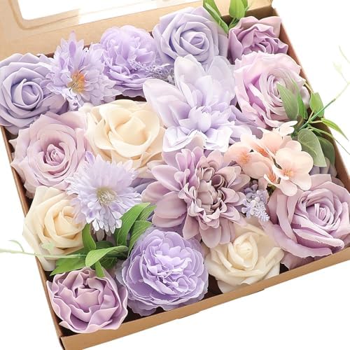 Floroom Lavender Violet Lilac Artificial Flowers Fake Roses Peonies Dahlias Greenery Combo Box Set for DIY Purple Wedding Bouquets Bridal Shower Centerpieces Floral Arrangements Party Table Decoration by Floroom