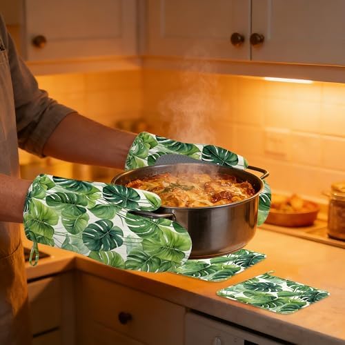 Green Palm Leaf Pot Holders and Oven Mitts,Summer Tropical Leaves Oven Mitts Heat Resistant Cotton Lining Anti-Slip Silicone Kitchen Mitts Set Hot Pads for Microwaves Cooking Baking Grilling - Image 6