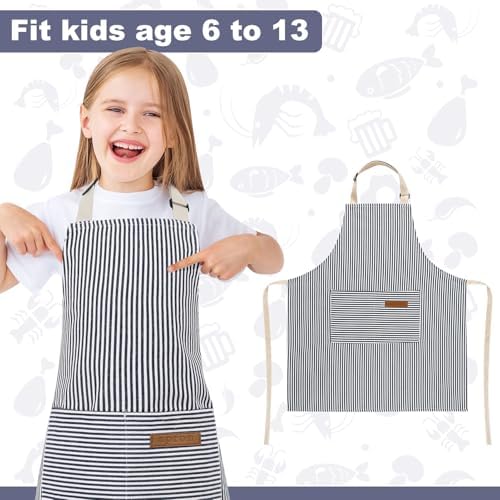Stripes Kids Apron, Kids Cooking Aprons with 2 Pockets, Cute Kids Aprons for Cooking for Boys and Girls - Image 4