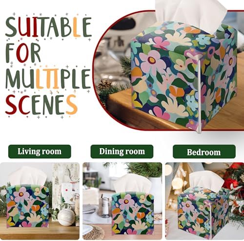 Modern Square Leather Tissue Box Cover/Case Holder Gifts for Women Family and Friends, Decorative Holder/Organizer for Bathroom Kitchen Nightstand Office Home (Colourful Floral) - Image 6