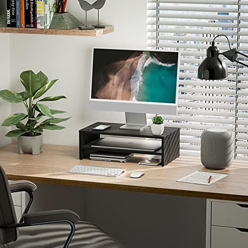 FITUEYES Wooden Monitor Stand Riser, 2-Tier Desk Storage Shelf, Black - Image 2