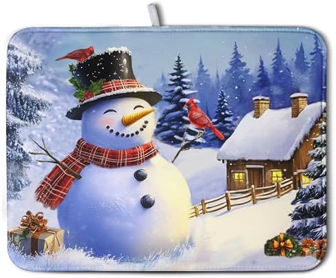 Christmas Snowman Kitchen Drying Mat - Winter Snow Cardinals Pine Trees Dish Drainer - Large Microfiber Absorbent Fast Drying Pad for Kitchen Countertop 1824 by Wnoesat