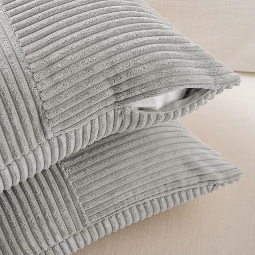 Fancy Homi 2 Packs Grey Euro Decorative Throw Pillow Covers 26x26 Inch for Couch Bed, Rustic Farmhouse Boho Home Decor, Soft Corss Corduroy Patchwork Textured Square Gray Cushion Case 66x66 cm - Image 4