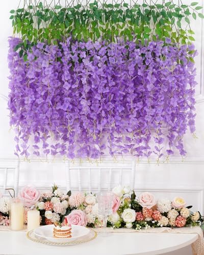 Waipfaru 12 Pack Wisteria Hanging Flowers, 3.6 Feet/Pcs Purple Wisteria Artificial Flowers, Fake Wisteria Flowers Garland, Hanging Vines for Bedroom Wedding Home Party Wall Decoration by Waipfaru