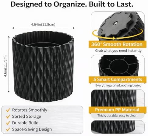 Black Pen Holder for Desk, 360° Rotating Pencil Organizer, 5 Slots - Image 5