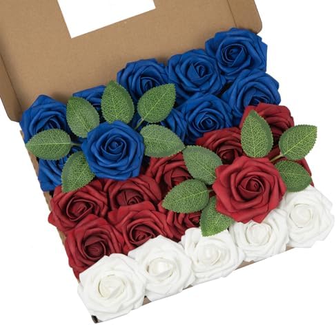 DuHouse 25Pcs Artificial Flowers Foam Roses Fake Roses(Blue White Red) by DuHouse