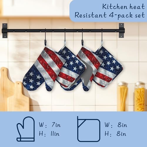 American Flag Oven Mitts and Pot Holders Sets,Extra Long 4th of July Kitchen Mittens for Cooking,Thick Cotton Heat Resistant Silicone Cooking Utensils Set for Baking Cooking Grilling - Image 4
