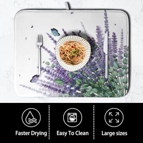 Purple Lavender Dish Drying Mat for Kitchen Counter Spring Summer Floral Microfiber Dish Drainer Mats Green Leaves Butterfly Absorbent Reversible Dish Drainer Rack Mat 16x18 Inch - Image 4